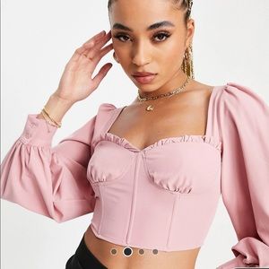 ASOS milkmaid top in pink with puff sleeves.